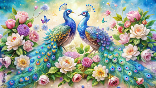 Two beautiful peacocks facing each other. Beautiful for decorating cards or other uses. It's a beautiful background.