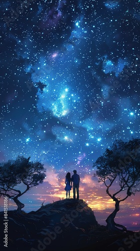 Cute couple cuddling and looking at night sky. Vertical orientation