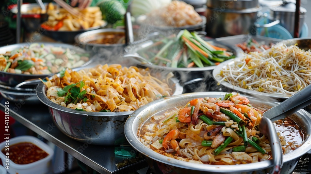 A platter of Thai street food delicacies including pad thai, green papaya salad, and bowls of steaming hot tom yum soup, a feast for the senses