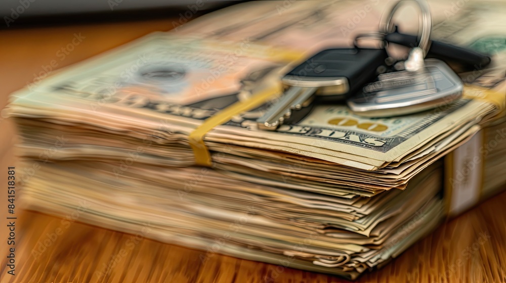 Keys to Financial Freedom: A Stack of Cash and Keys Resting on a Wooden Surface Keys to Financial Freedom: A Stack of Cash and Keys Resting on a Wooden Surface