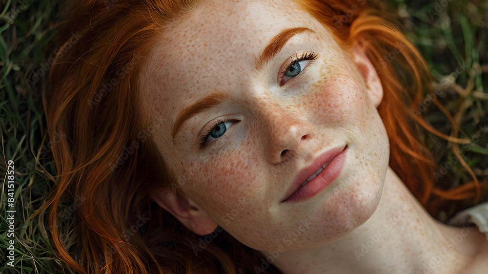 Naklejka premium Portrait of young woman with fiery red hair and face dotted with freckles