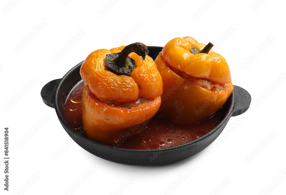 Tasty stuffed peppers in pan isolated on white Tasty stuffed peppers in pan isolated on white