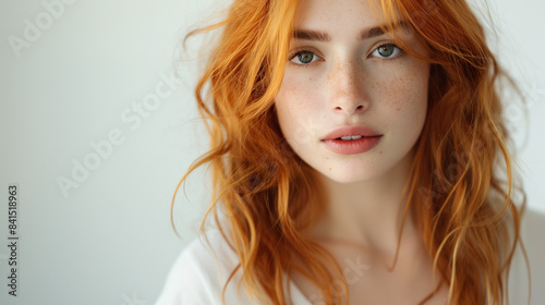 Close-up of a woman with red hair, freckles, on a light background, expressing a natural beauty concept. Generative AI