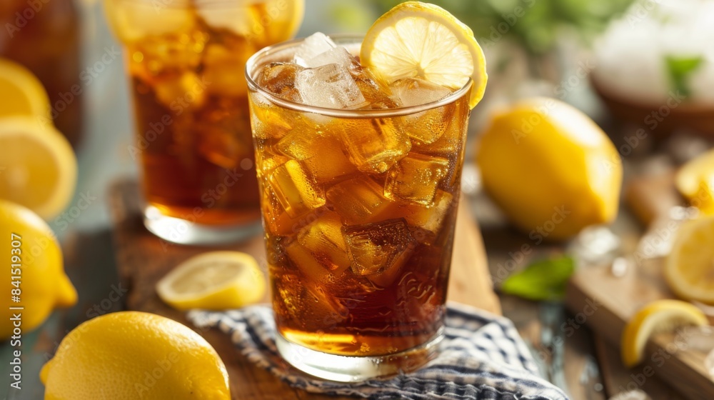 A refreshing glass of iced tea garnished with lemon slices and served with a side of sweet tea, a quintessential beverage choice enjoyed throughout the United States