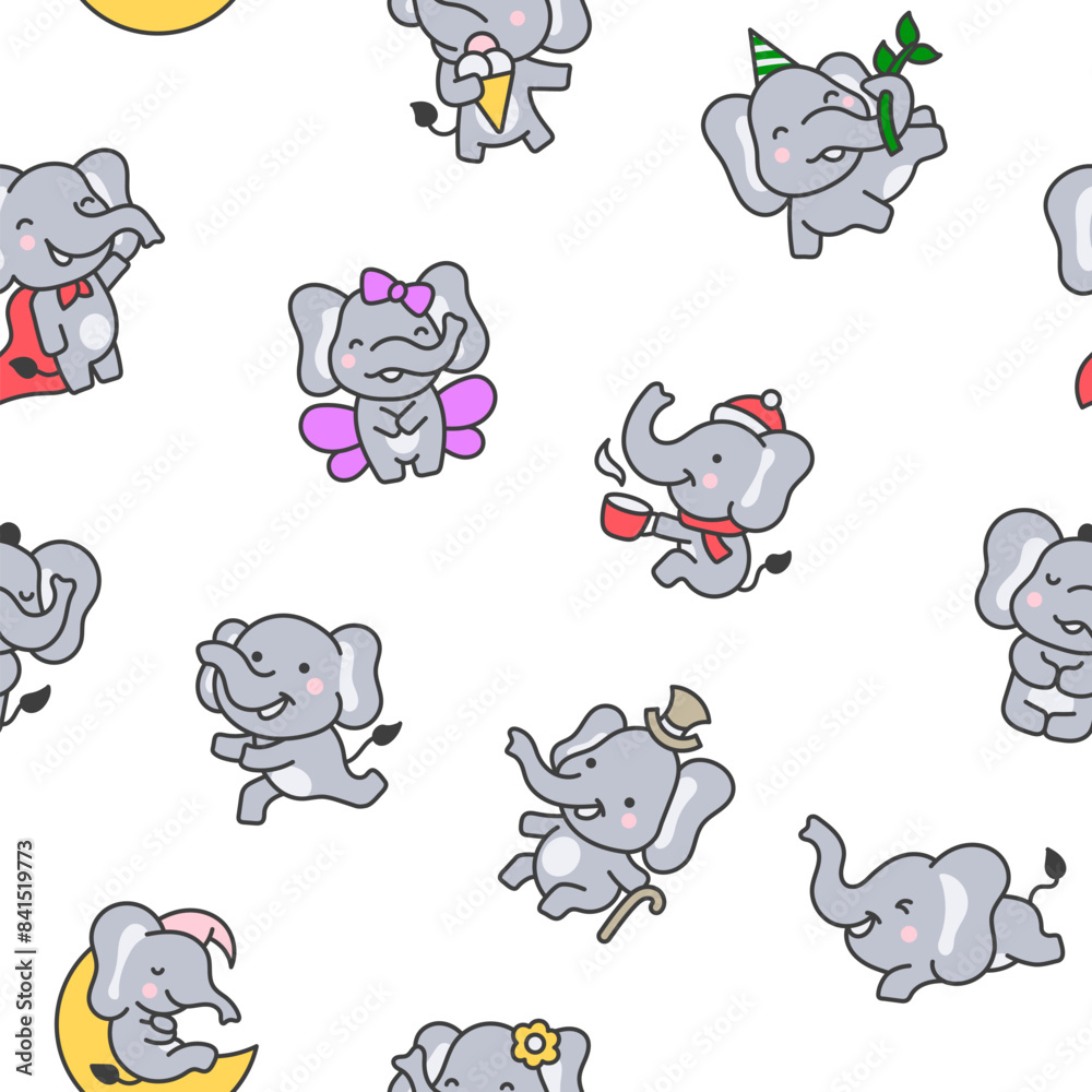 Cute cartoon baby elephant characters. Seamless pattern. Adorable little indian animal. Hand drawn style. Vector drawing. Design ornaments. Cute cartoon baby elephant characters. Seamless pattern. Adorable little indian animal. Hand drawn style. Vector drawing. Design ornaments.