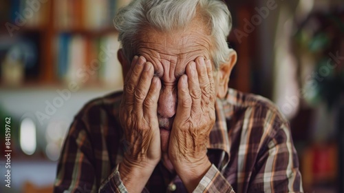 Senior man indoors looking distressed and covering his face with hands displaying signs of sadness or headache in a room