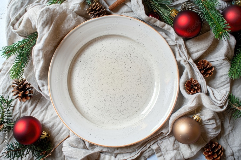 Festive Christmas Table Setting with Empty White Plate and Holiday Decorations Festive Christmas Table Setting with Empty White Plate and Holiday Decorations