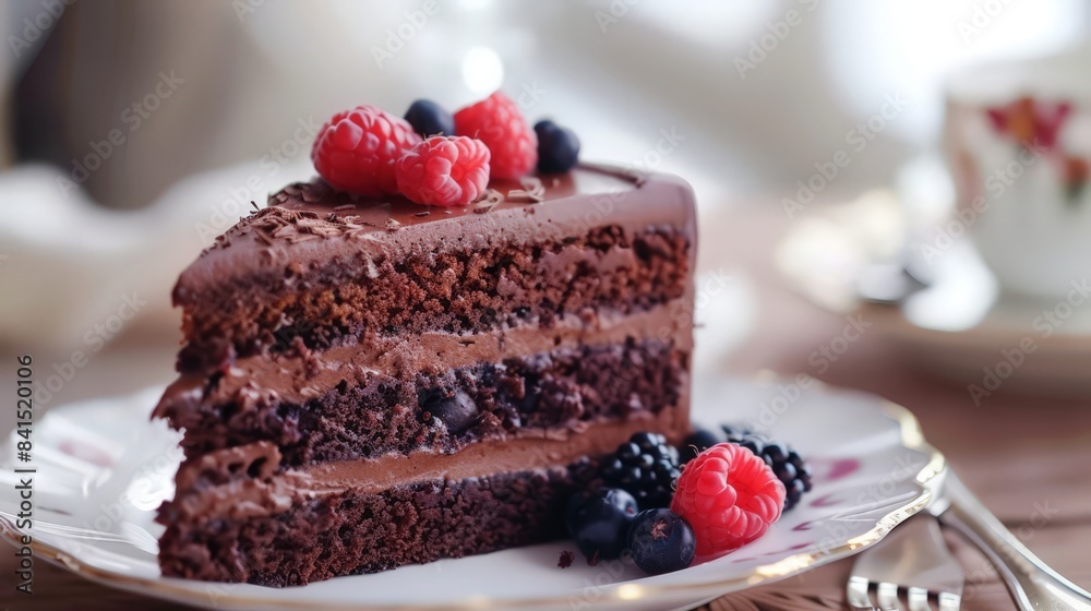 Create an image of a chocolate cake slice with layers of moist cake and rich chocolate ganache, topped with fresh berries. Create an image of a chocolate cake slice with layers of moist cake and rich chocolate ganache, topped with fresh berries.