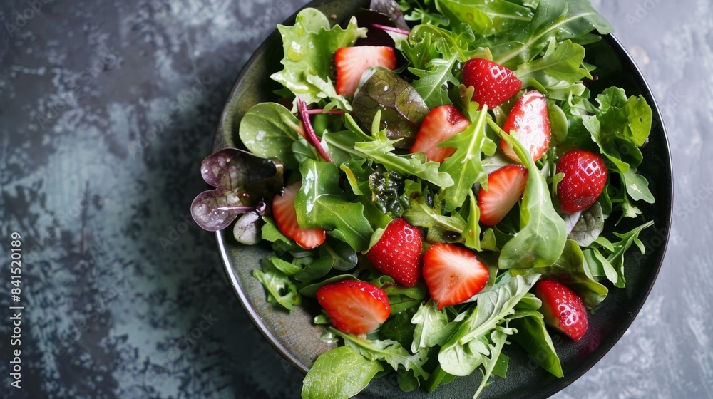 A refreshing summer salad with mixed greens, strawberries, and wakame seaweed tossed in a citrusy dressing, a light and nutritious dish A refreshing summer salad with mixed greens, strawberries, and wakame seaweed tossed in a citrusy dressing, a light and nutritious dish