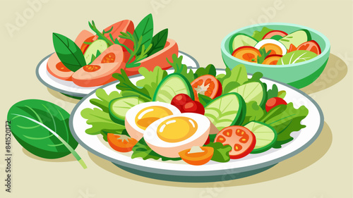 Rich plates of salad from green leaves mix and vegetables with avocado or eggs, chicken and shrimps isolated on transparent background