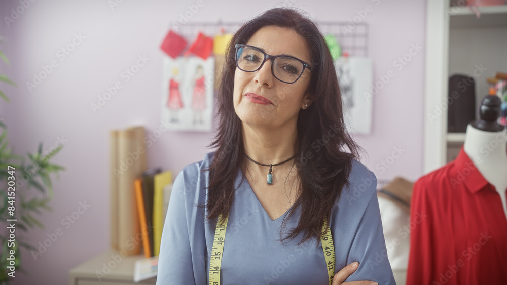 Confident hispanic woman tailor with glasses and measuring tape stands in her bright atelier full of design sketches and mannequins. Confident hispanic woman tailor with glasses and measuring tape stands in her bright atelier full of design sketches and mannequins.