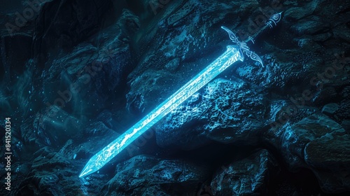 glowing fantasy sword on dark rock
