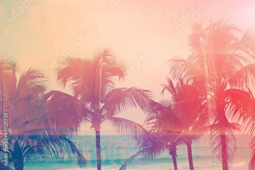 A double exposure of palm trees and the ocean, with an orange gradient background