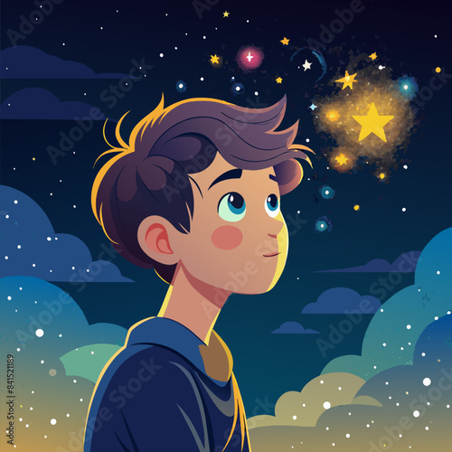 Illustration of a boy looking at night starry sky with glitter glow galaxy flicker above, idea for prayer of hope, love, peace theme