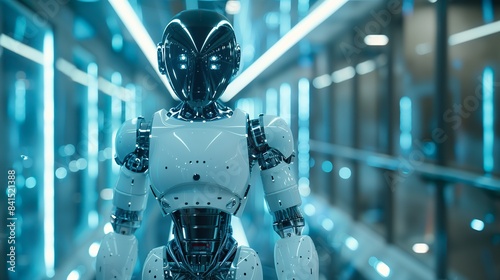 Robot in a Futuristic Office. Artificial Intelligence Concept