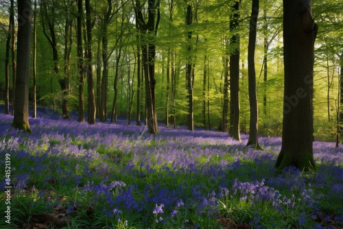 Sun rays streak through a serene forest of bluebells, casting a magical glow on the woodland floor