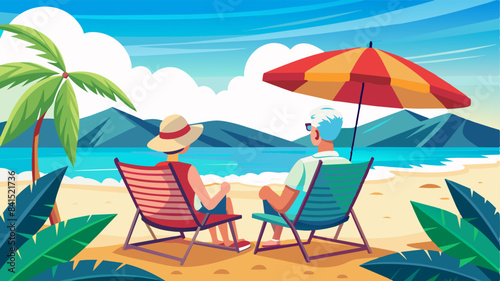 Old man and old woman on vacation, back view, sitting on sun lounger chair right on the beach by the sea by the water, empty pristine white sandy beach with shallow water.