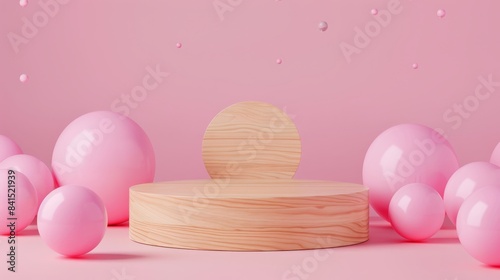 Mminimal wooden pedestal for product presentation in solid colour background, fullcolour balloon around. photo