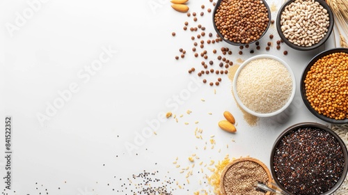 Assorted gluten free grains and food displayed on a white background flat lay arrangement with space for text