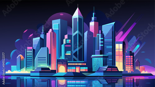 Night city, neon lights of the metropolis. Reflection of neon lights in the water. Modern city with high-rise buildings. Night street scene, city on the ocean