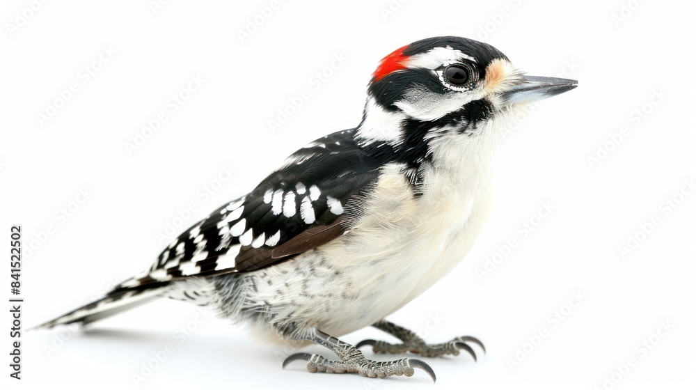 Obraz premium Downy Woodpecker full body clearly photo on white background , 