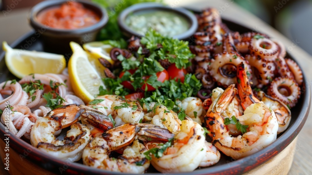 A seafood lover's delight - a platter of grilled calamari, shrimp, and octopus, served with lemon wedges and a variety of dipping sauces