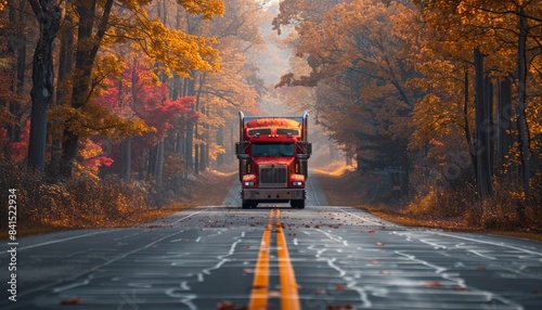 A red semi truck drives through a fall forest on a rural road.  Autumn logistics and transportation.
