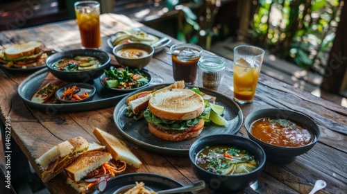 A rustic wooden table set with plates of gourmet sandwiches  accompanied by bowls of soup and glasses of refreshing iced tea  for a delicious and satisfying meal