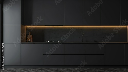 Corner of dark grey kitchen interior with breakfast bar and minimalist kitchen cabinet on background. AI generated