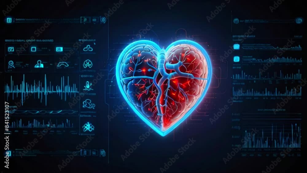 A glowing blue and red heart on a black background video