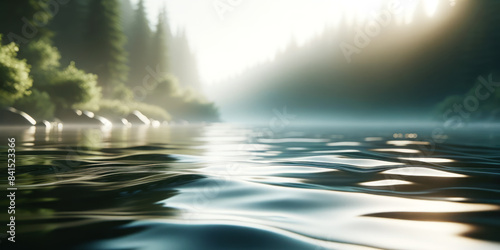 A serene lake with ripples  forest in the misty background  and sunlight piercing through  depicting a tranquil nature scene. Generative AI