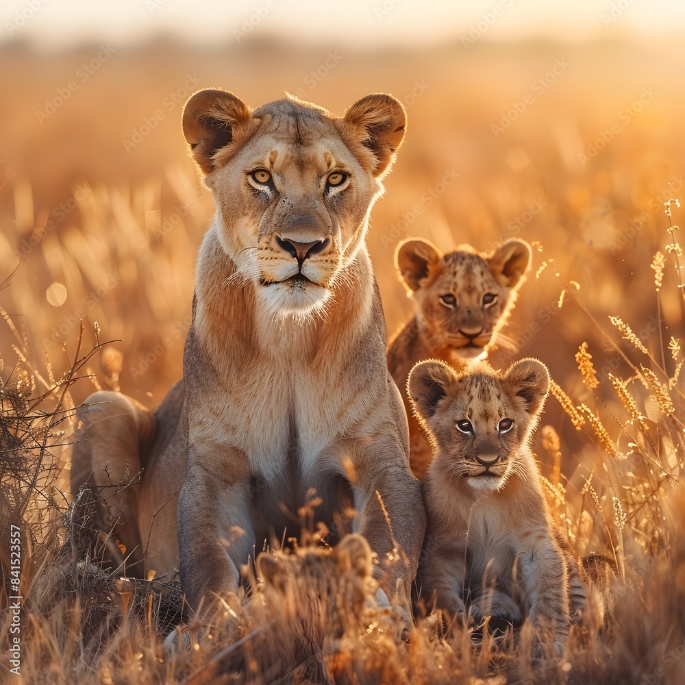 Majestic Lioness Protects Her Lion Cubs in the Golden Glow of the African Savannah Majestic Lioness Protects Her Lion Cubs in the Golden Glow of the African Savannah