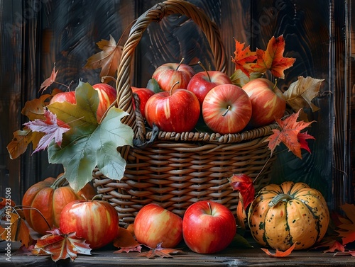 Autumnal Still Life with Basket of Apples Pumpkins and Fall Leaves