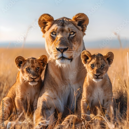 Majestic Lioness with Her Cubs Resting in the African Savannah Landscape