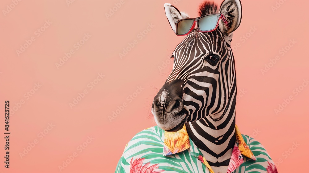 A zebra wearing sunglasses and a hawaiian shirt is standing against a pink background. The zebra is looking to the right of the frame. A zebra wearing sunglasses and a hawaiian shirt is standing against a pink background. The zebra is looking to the right of the frame.