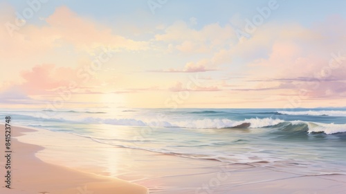 A painting of a beach with a sunset in the background