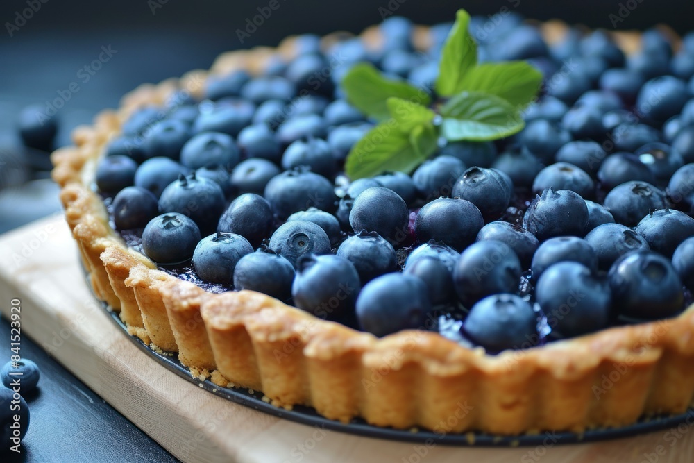 Close-up of a delicious blueberry tart adorned with fresh mint, ready to be served Close-up of a delicious blueberry tart adorned with fresh mint, ready to be served