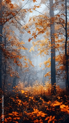 Mystical Autumn Forest Landscape with Misty Morning Fog and Warm Glowing Foliage