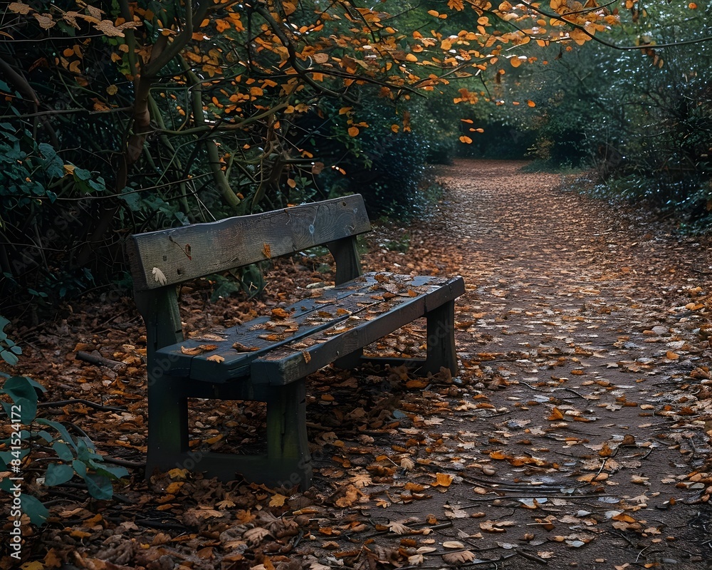 Autumn Woodland Path with Quaint Wooden Bench in Tranquil Scenery
