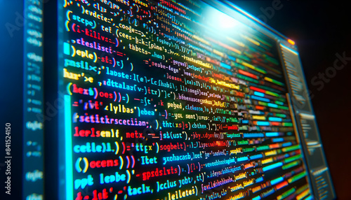 Close-up of colorful computer code on a monitor, with a blurred background, depicting the concept of programming. Generative AI