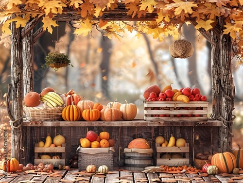 Autumn Market Stall Overflowing with Seasonal Fruits  Vegetables  and Homemade Goods in a Rustic  Cozy Setting