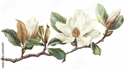 Magnolia flower isolated on white background, old botanical illustration photo