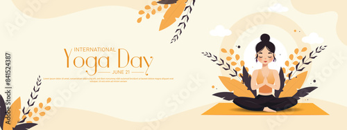 International yoga day banner or poster template design.Woman doing yoga pose.