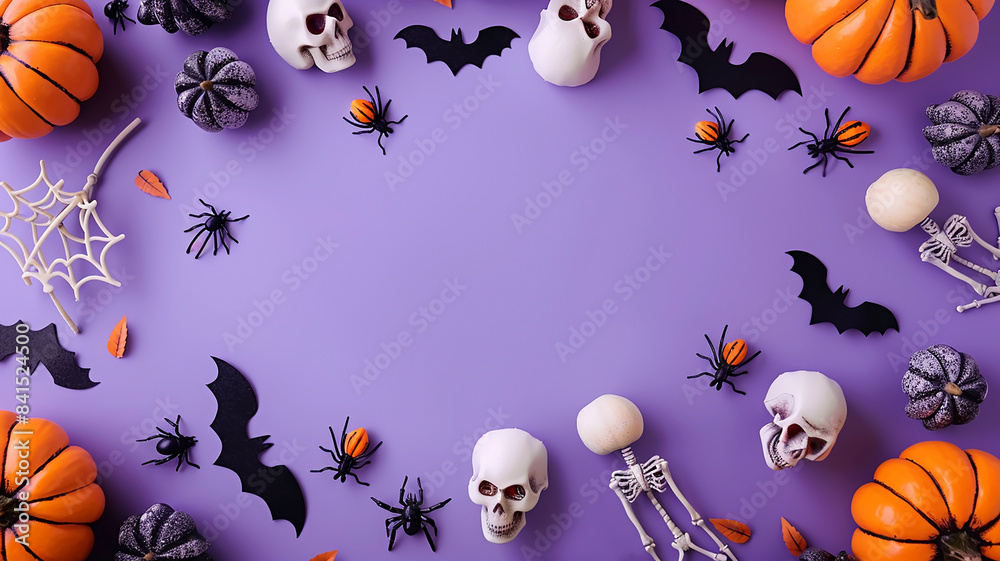 Orange Halloween pumpkins, white bony skeletons, black bats and spiders on a purple background Orange Halloween pumpkins, white bony skeletons, black bats and spiders on a purple background