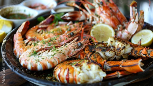 A seafood platter featuring a variety of grilled river prawns, lobster tails, and crab legs, served with drawn butter and lemon wedges