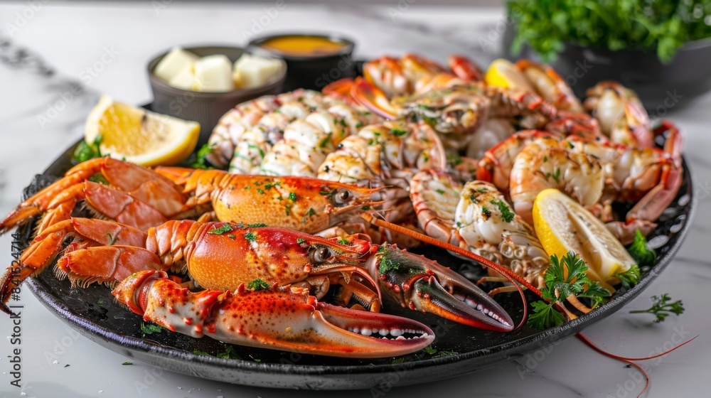 A seafood platter featuring a variety of grilled river prawns, lobster tails, and crab legs, served with drawn butter and lemon wedges A seafood platter featuring a variety of grilled river prawns, lobster tails, and crab legs, served with drawn butter and lemon wedges