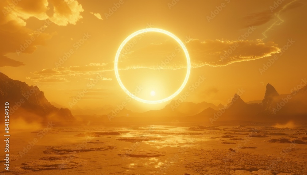 Desert sunrise with ring majestic morning landscape in remote travel destination under clear sky Desert sunrise with ring majestic morning landscape in remote travel destination under clear sky