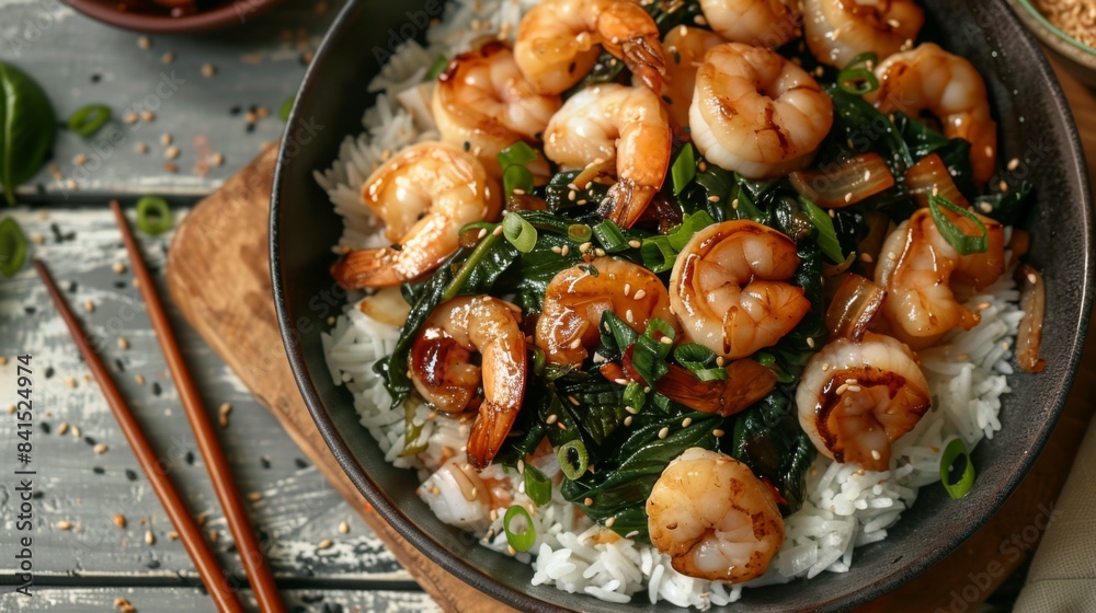 A seafood stir-fry featuring shrimp, scallops, and wakame seaweed with garlic, ginger, and soy sauce, served over steamed rice A seafood stir-fry featuring shrimp, scallops, and wakame seaweed with garlic, ginger, and soy sauce, served over steamed rice