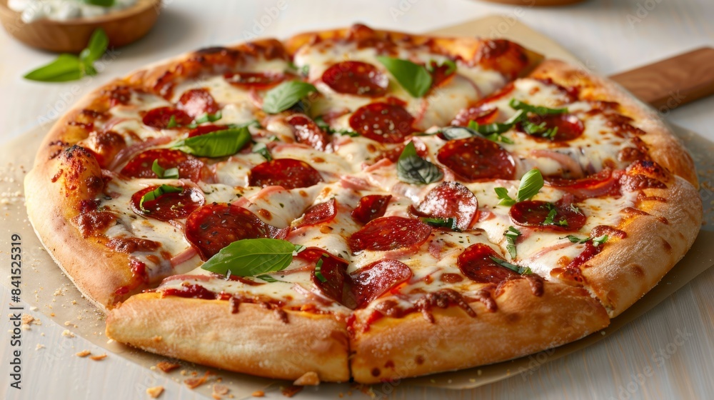 A mouthwatering pizza fresh out of the oven, with a gooey mozzarella cheese pull, crispy pepperoni slices, and a sprinkle of basil leaves, A mouthwatering pizza fresh out of the oven, with a gooey mozzarella cheese pull, crispy pepperoni slices, and a sprinkle of basil leaves,
