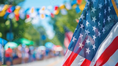 Close-up of a waving American flag, blurred parade in the background with empty space, Realism, Vibrant colors, High-resolution, Independence Day